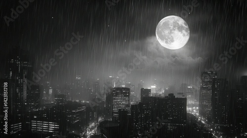 Mystical night cityscape under rain with full moon in black and white