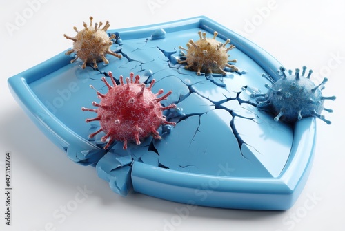 Viruses on a Broken Shield - Protection Against Pandemic Concept, Light Blue and White Background