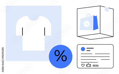 T-shirt, blue discount sign, shopping bag, and social media review card with thumbs ups. Ideal for e-commerce, retail marketing, discounts, social media, product reviews branding simple landing