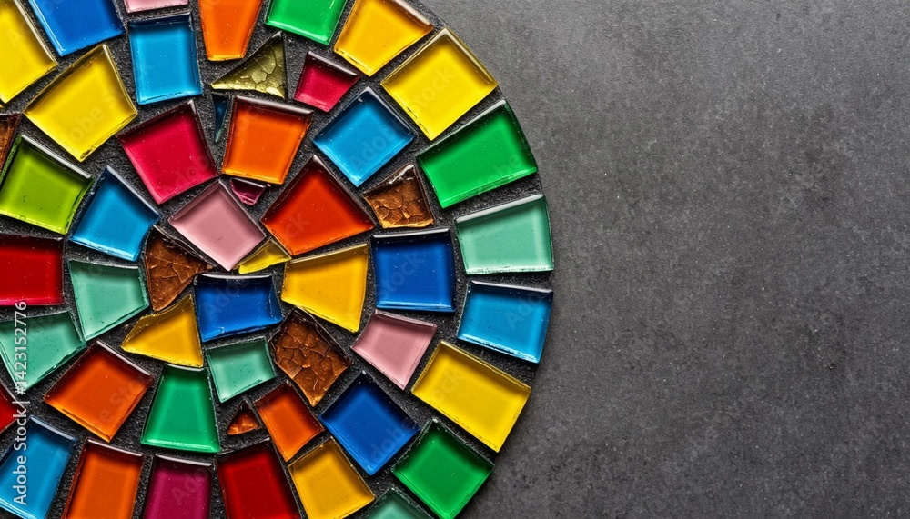 Fototapeta premium Circle of multicolored glass mosaic on gray background