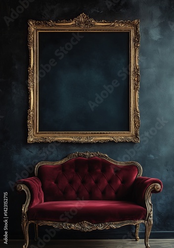 Vintage framed art, burgundy velvet sofa, dark wall interior,  display mockup