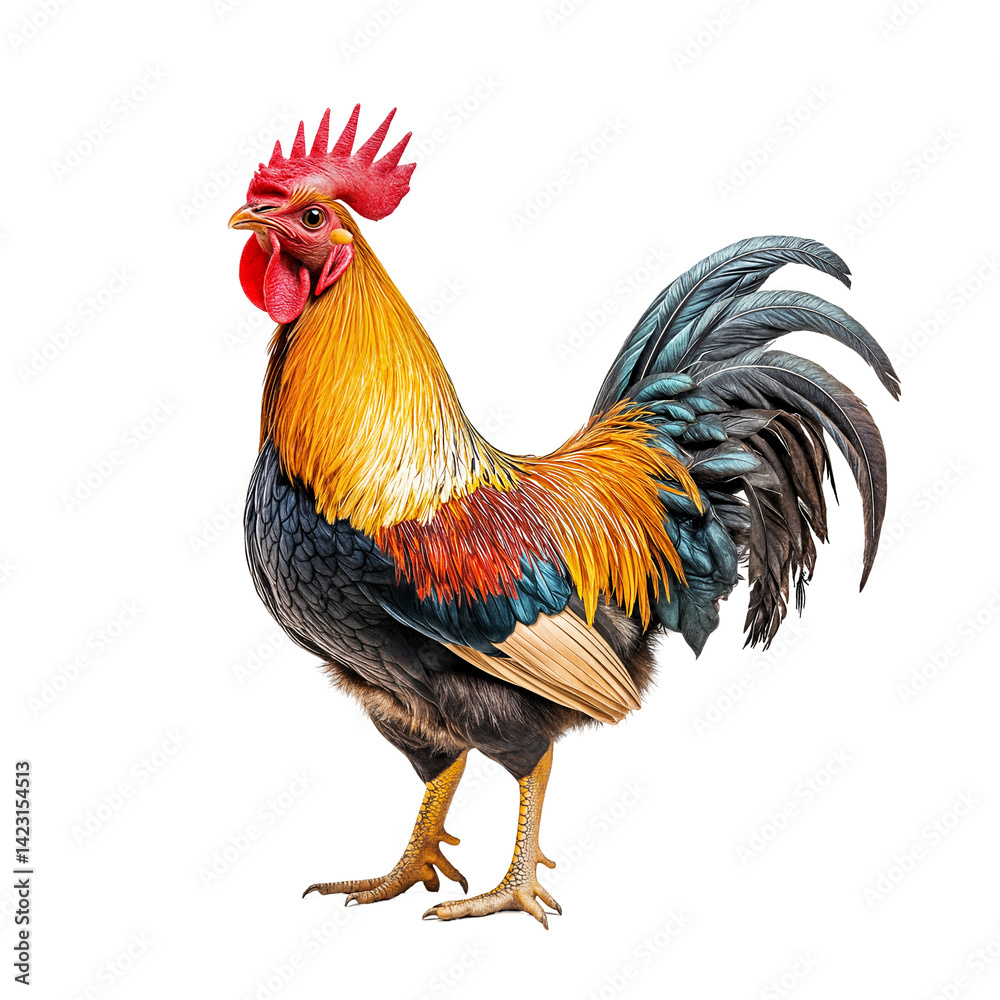 Fototapeta premium Colorful rooster standing proudly with vibrant feathers and a prominent comb isolated on transparent background