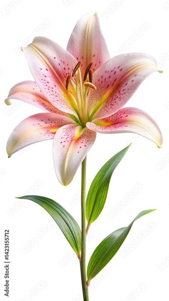 Fototapeta premium Elegant Stargazer Lily Blossom with Soft Pink Petals and Green Foliage Isolated
