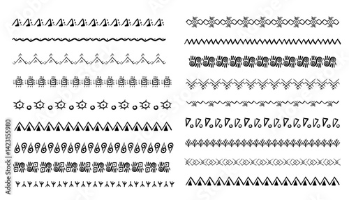 Ethnic tribal border, traditional hand drawn divider, doodle separator. Ancient motif line geometric brush, for frames, design element. 
