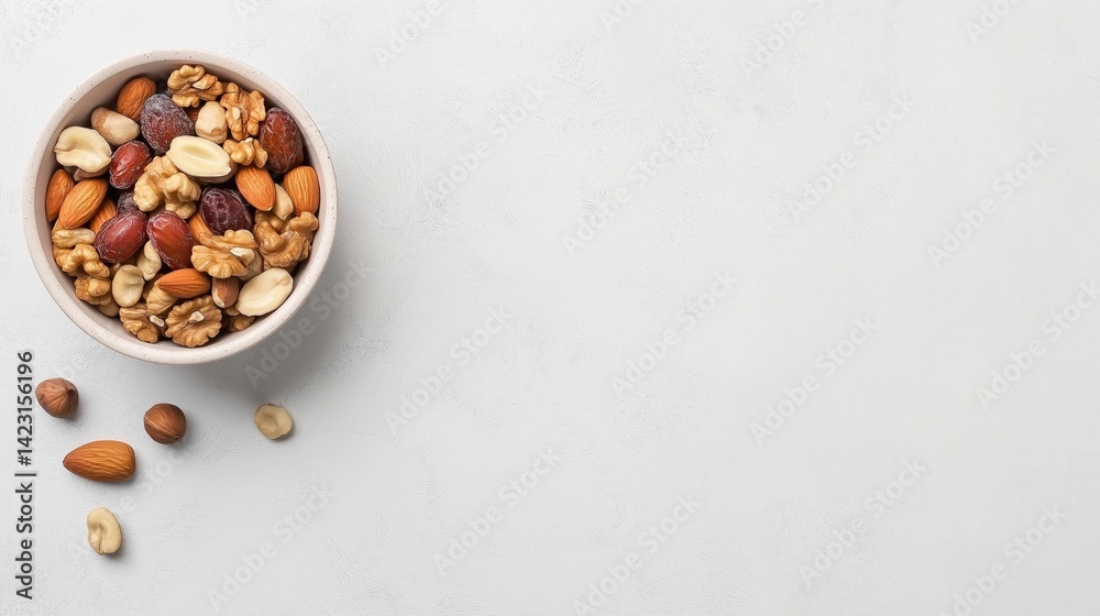 Flat lay of a bowl of mixed nuts on a white background. the bowl is made of ceramic and is filled with a variety of nuts, including almonds, walnuts, cashews, and hazelnuts. Flat lay of a bowl of mixed nuts on a white background. the bowl is made of ceramic and is filled with a variety of nuts, including almonds, walnuts, cashews, and hazelnuts.