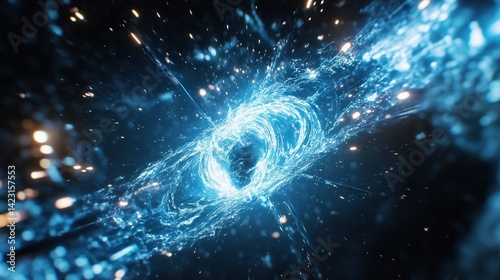 Vortex électrique et plasma bleu en spirale évoquant un trou noir énergétique dans l’espace