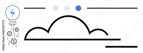 Light bulb with lightning symbol, coins representing financial growth, cloud outline, and colored dots. Ideal for technology, innovation, cloud storage, efficiency, creativity startups simple