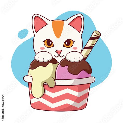 A cat with two scoops of ice cream in a cup