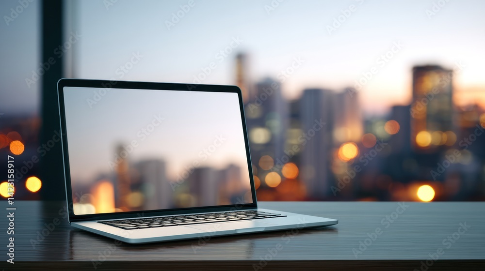 A sleek laptop on a desk, showcasing modern technology in a vibrant cityscape background during twilight hours. A sleek laptop on a desk, showcasing modern technology in a vibrant cityscape background during twilight hours.