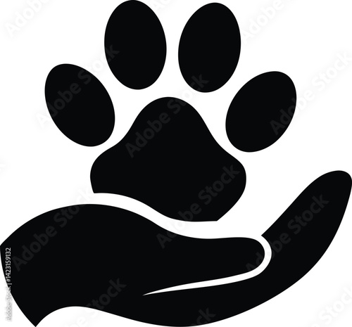 Hand holding a paw print, symbolizing animal care.