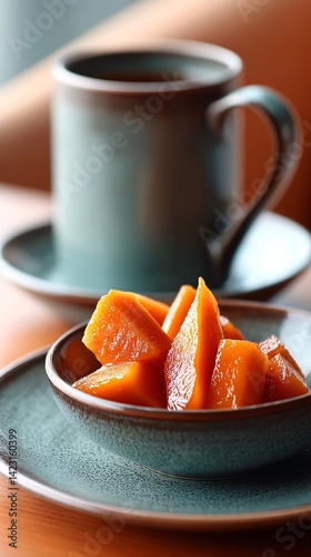 A beautifully plated Thai mango sticky rice dessert, showcasing glossy coconut milk-soaked sticky rice paired with fresh, juicy mango slices. The dish is presented in an authentic Thai setting with