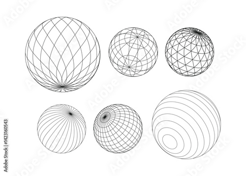 Line geometric circle abstract shapes. Contemporary mid century line design set. Earth globe round. Modern boho aesthetic lines shapes. Bauhaus Memphis swiss design vector illustration.