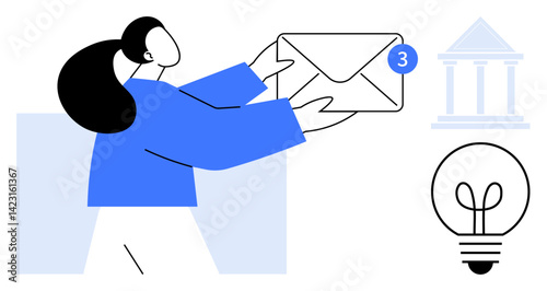 Female figure holding envelope with notification badge, symbolizing communication and networking. Nearby, a bank pillar suggests finance, while a lightbulb conveys innovation. Ideal for technology