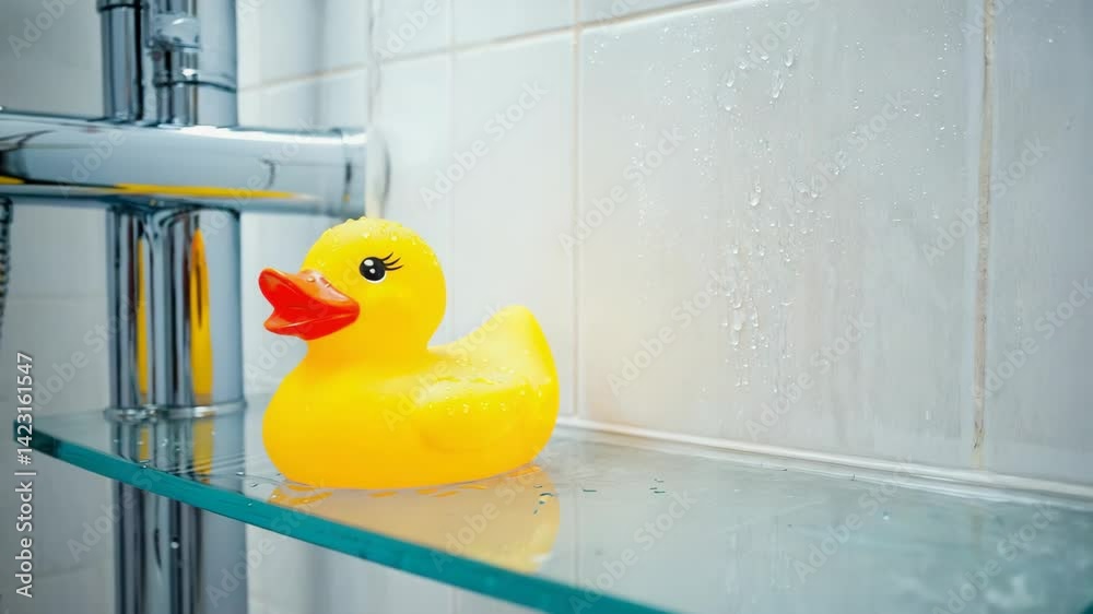 Close up of yellow rubber duck with a red beak sitting on a glass shelf in the shower with water running over it.