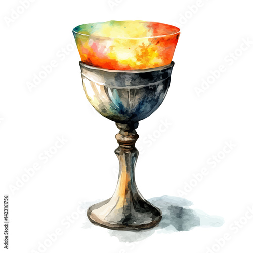 watercolor of Silver Chalice Filled With Glowing Liquid, vector, isolated on a white background.