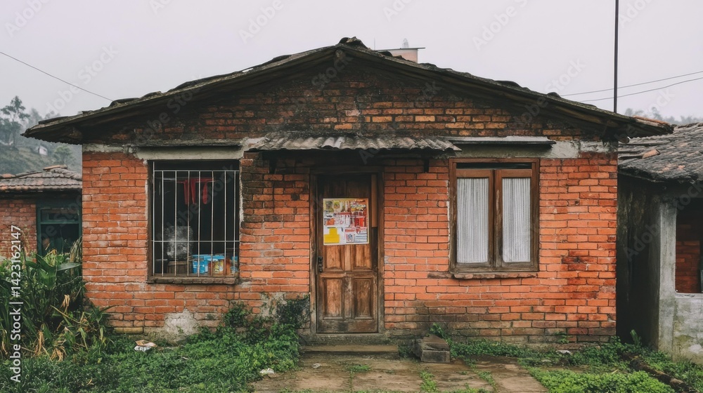 A small brick building with a wooden door and windows is pictured A small brick building with a wooden door and windows is pictured