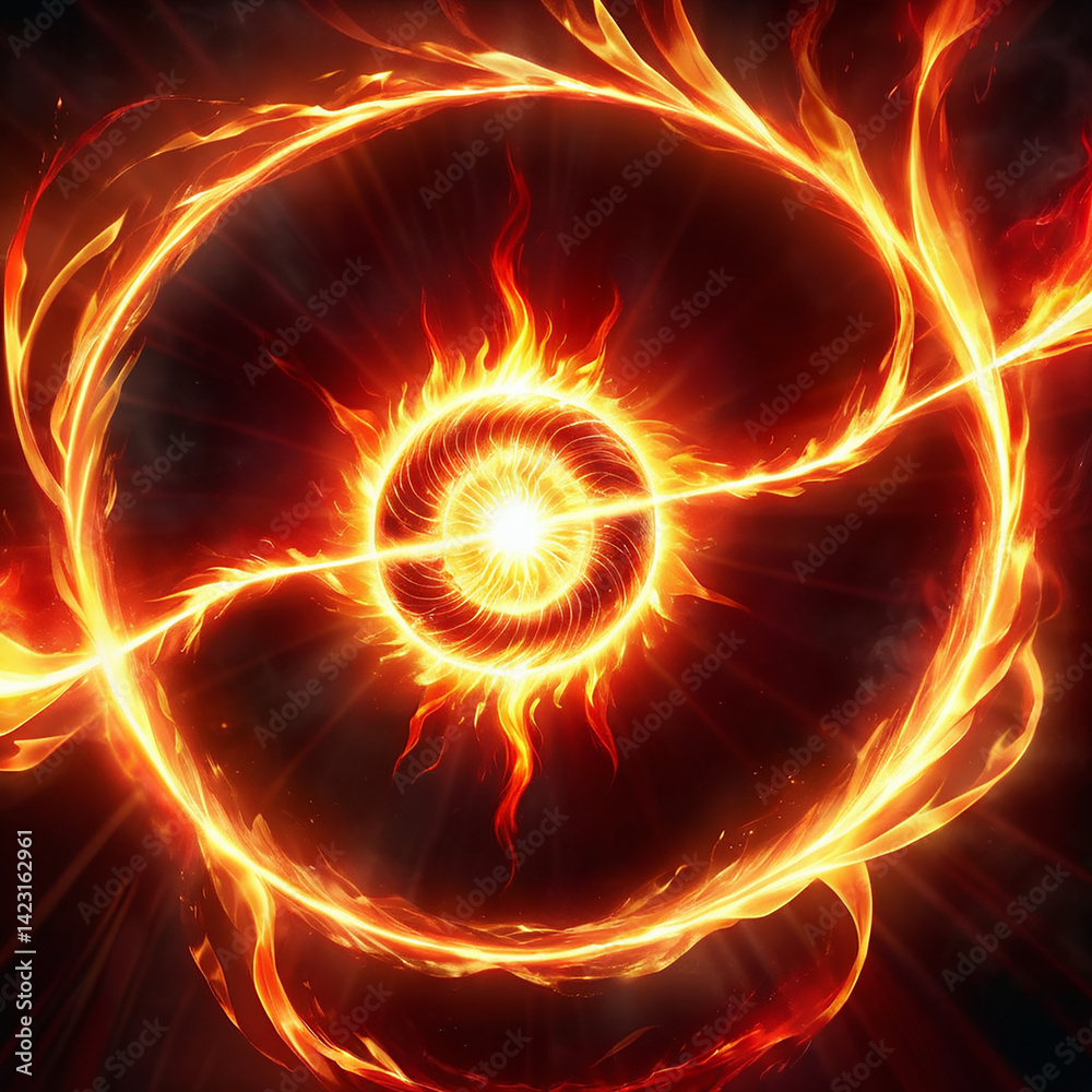 Fototapeta premium Ethereal swirling flames creating a vibrant circular pattern with a bright glowing core emitting intensity and energy, blending shades of orange, red, and yellow against a dark background.