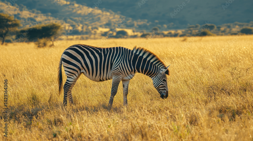 Naklejka premium A zebra grazes peacefully in a golden african savanna.