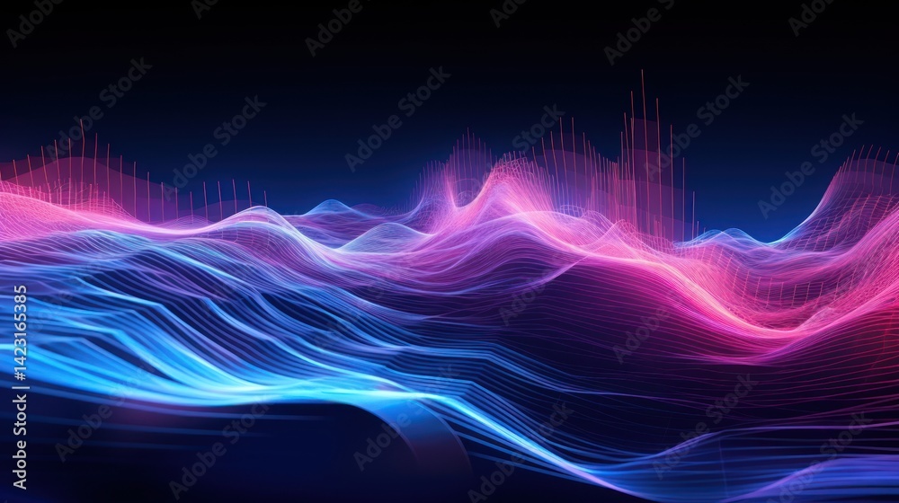 Fototapeta premium Glowing blue and pink line wave grid abstract patterns digital.