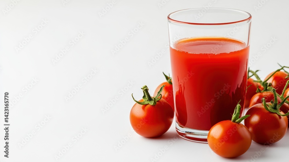 Freshly squeezed tomato juice served with ripe tomatoes on a white background highlighting the vibrant color and texture Freshly squeezed tomato juice served with ripe tomatoes on a white background highlighting the vibrant color and texture