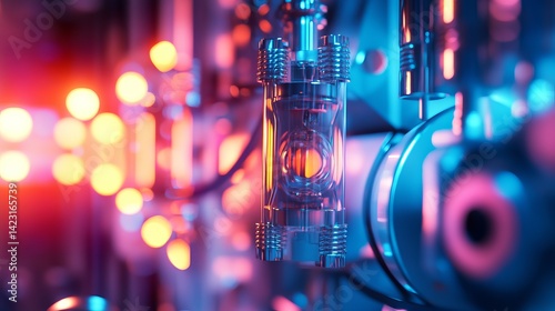 Abstract neon science laboratory equipment closeup image red pink blue glass metal light power tubes