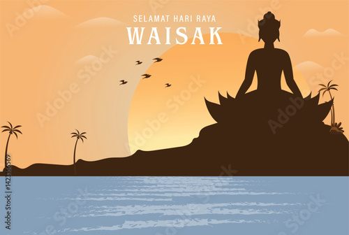 Vesak Day Creative Concept for Card or Banner. Vesak Day is a holy day for Buddhists. Happy Buddha Day with Siddhartha Gautama Statue Design Vector Illustration