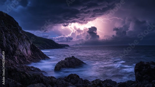 Dramatic stormy night over the ocean reveals lightning striking the clouds. The waves crash against the rocky shore. A captivating natural scene unfolds. Generative AI