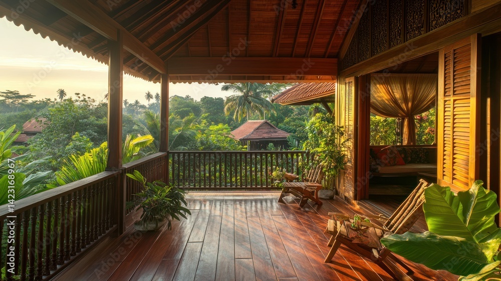 Wooden Balcony With Lush Greenery and Scenic Views Visible Outside Wooden Balcony With Lush Greenery and Scenic Views Visible Outside