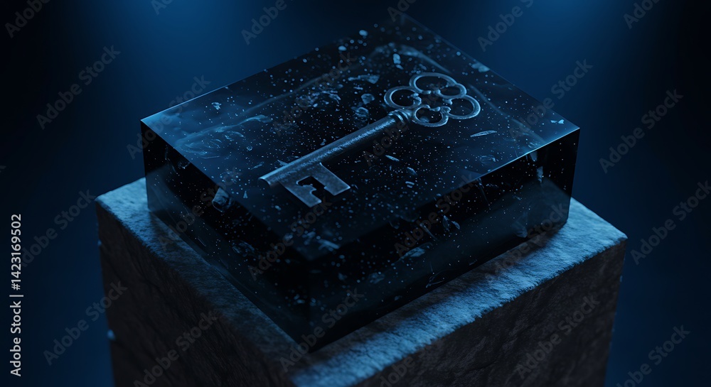 Fototapeta premium Antique Key Encased in Clear Cube on Rough Stone Block