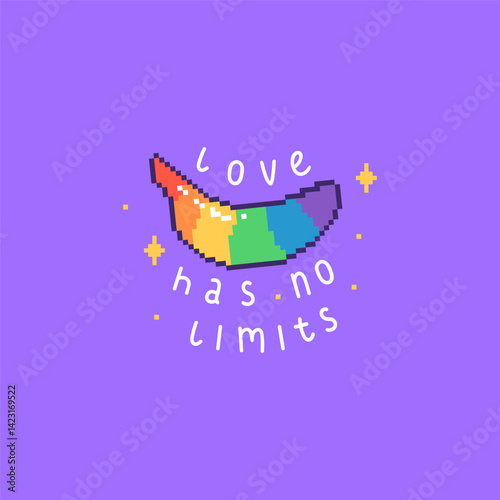 Square pride poster with rainbow banana and phrase Love Has No Limits. LGBT banner in pixel style. Hand drawn vector illustration.