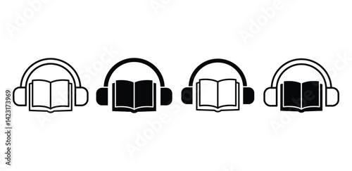 Audiobook Icon Set Black and White Headphones Over Open Book Illustrations Vector Design