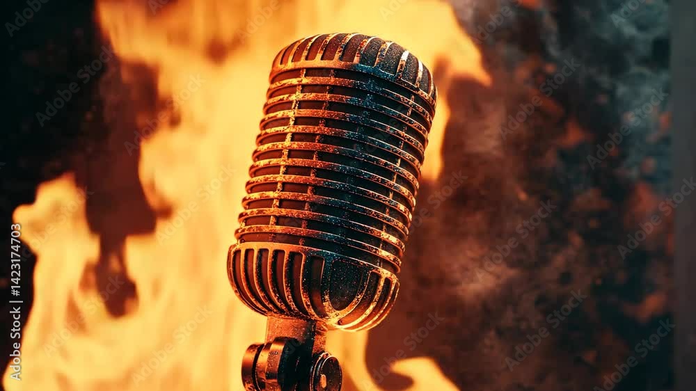 A retro chrome microphone bursts into flames on stage, a fiery spectacle of classic rock music