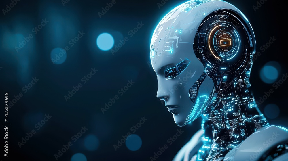 Futuristic humanoid robot with neon circuits, representing advanced technology and AI.