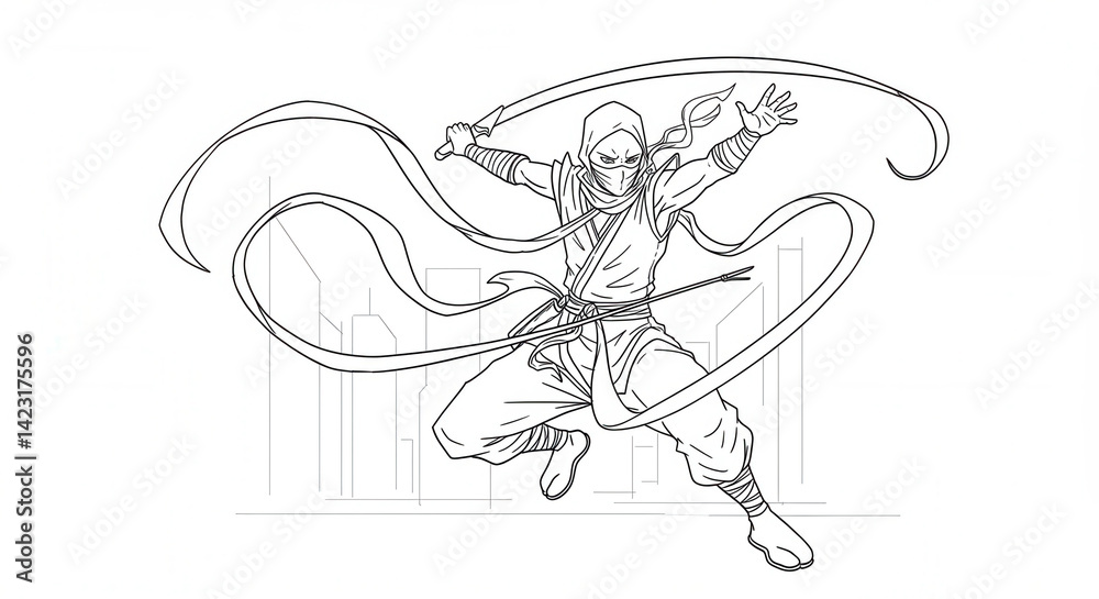 Obraz premium Ninja warrior in action with flowing ribbons for an exciting coloring page.