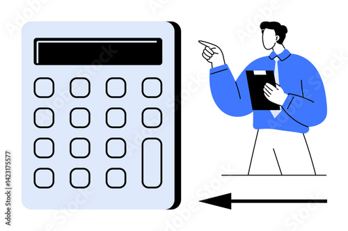 Business professional pointing at a large calculator while holding a clipboard and guiding calculations. Ideal for finance, accounting, budgeting, audit, analysis, education, decision-making. Flat