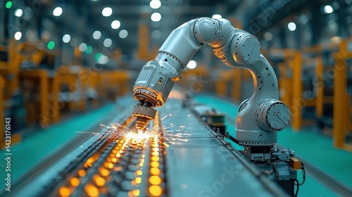 A sleek, silver robot, clad in protective gear, expertly welds intricate metal details within a futuristic, minimalist dark workshop 
