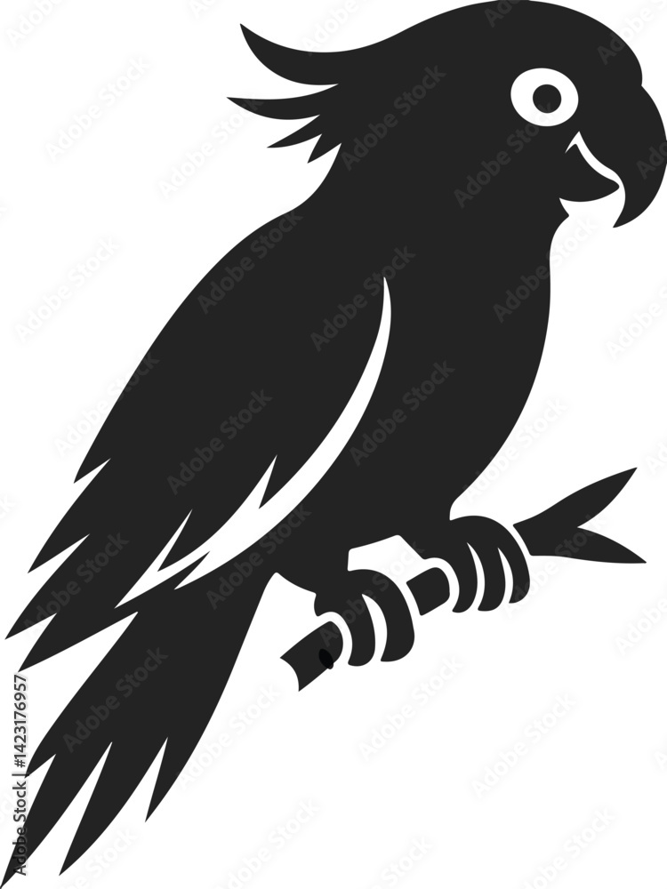Obraz premium Black Silhouette of Parrot Sitting on Branch in Tropical Style Representing Exotic Bird and Wildlife Illustration 