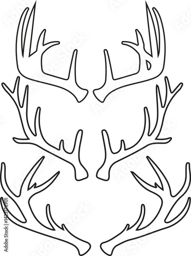 Set of Deer Antler Outline Illustrations in Various Shapes for Hunting, Nature, and Wildlife Design Concepts
