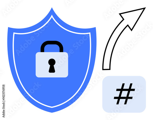 Blue shield with lock, black arrow pointing upward, and numerical hash. Ideal for cybersecurity, encryption, data protection, secure access, privacy, information safety simple landing page