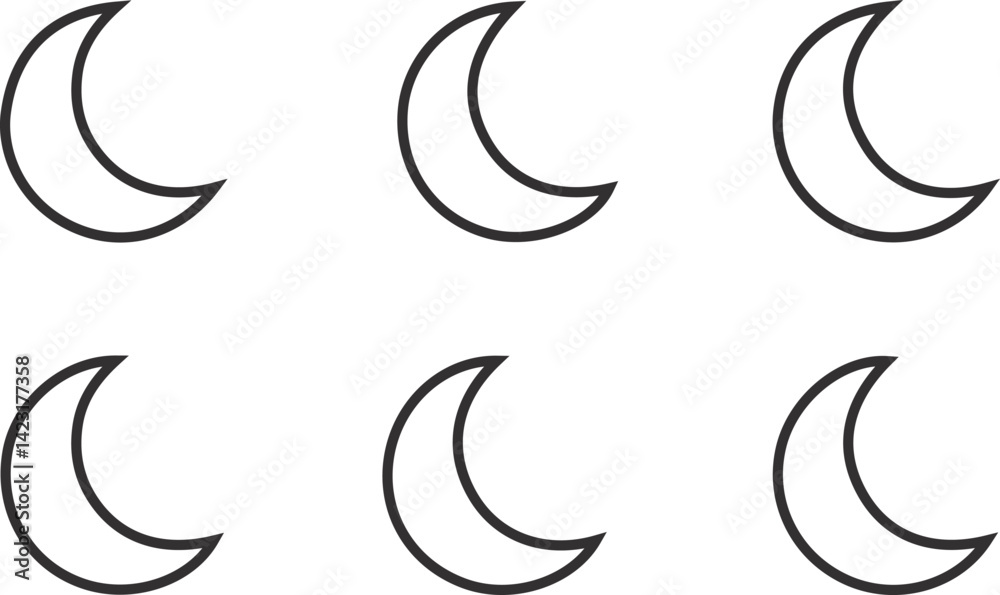 Obraz premium Minimalist Set of Crescent Moon Outline Icons in Black Line Art Style Representing Lunar Phases and Night Themes 