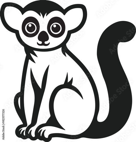 Cute Black and White Lemur Cartoon Sitting with Big Eyes and Curled Tail in Jungle Wildlife Illustration Style
