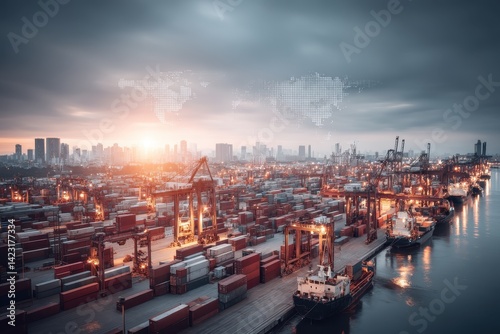 Futuristic Shipping Yard with Glowing Lights and Overlay of World Map in Dramatic Sky