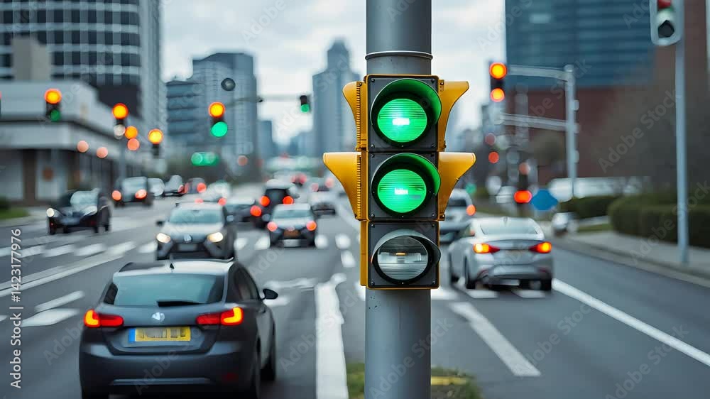 Urban traffic intersection with green traffic light and moving cars on a busy multilane city road surrounded by tall modern buildings

