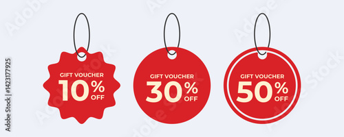 Contains three red gift voucher tags with 10 30 and 50 off.