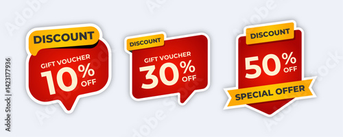 Three red discount labels with 10, 30, 50
off.