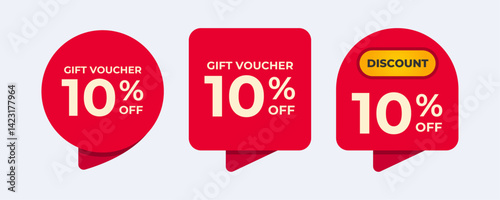 Three red sale tags with the word discount and 10 percent off.