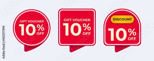 Three red sale tags with the word discount and 10 percent off.