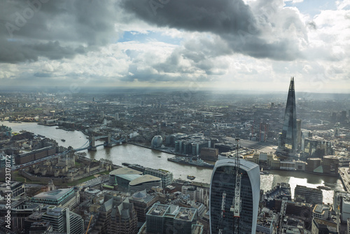 Aerial View of London Skyline Featuring Iconic Shard Tower and River Thames