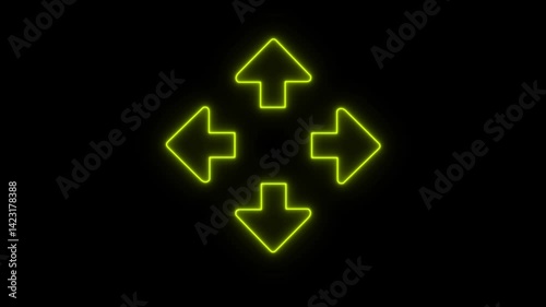 Neon-glowing directional sign. An attention label glows on the brick wall's background. Right, Left, Up and down neon arrows eon arrows or direction icon animation.