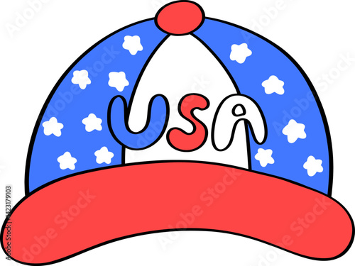 Baseball Cap in American Flag Pattern Doodle Outline